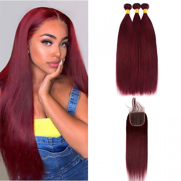 Burgundy Bundles Straight Hair 3 Bundles With 4x4 Lace